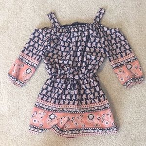 Sequin Hearts navy and coral romper
